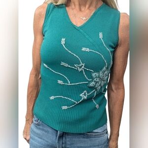 Y2K Perlina Beaded Floral Sweater Tank Top Teal Green Size 2